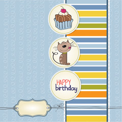 birthday greeting card with a cat waiting to eat a cake