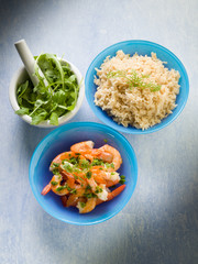 shrimp with rice and arugula