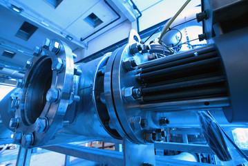 Obraz premium Industrial zone, Steel pipelines and cables in blue tones