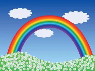Selbstklebende Fototapeten Cartoon-Landschaft mit Regenbogen-Vektor-Illustration © romantiche