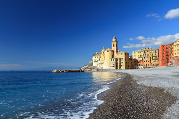 seaside and church in Camogli, Liguria, Italy - obrazy, fototapety, plakaty