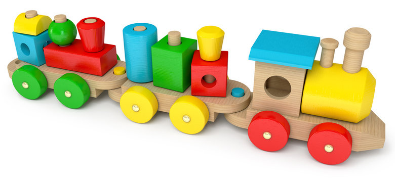 Wooden toy train, on a white background, 3d render