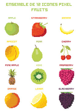 Ensemble de 12 icônes pixel Fruits