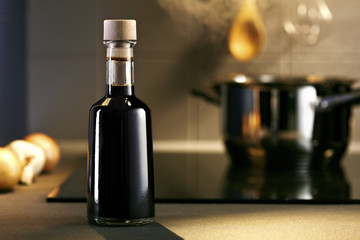 Balsamic vinegar bottle in a kitchen