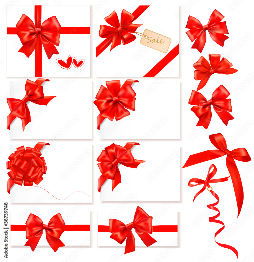 Poster collection of red bows with ribbons. vector.