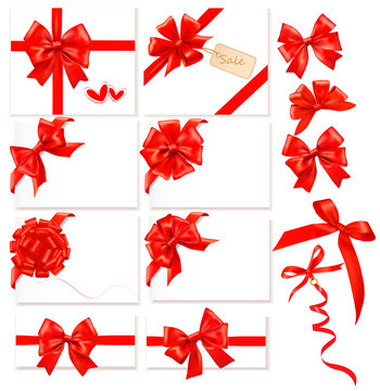 Collection of red bows with ribbons. Vector.