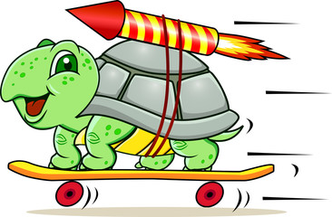 Fototapeta premium Funny little turtle using four wheels and rocket to gain speed
