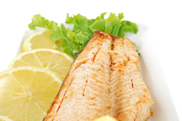 grilled salmon steak on white