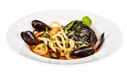 Black tagliatelle (pasta made with cuttlefish ink) with shrumps,
