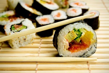 Traditional japanese sushi on bamboo napkin