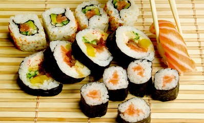 Traditional japanese sushi on bamboo napkin