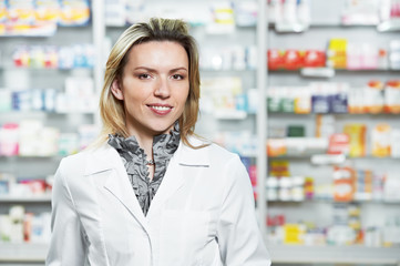 Pharmacy chemist woman in drugstore