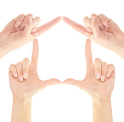 House made of woman hands on white background