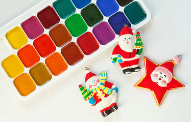 Colorful paints set and new year toys