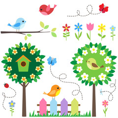 Naklejki  Zestaw ogrodowy z ptakami, kwitnącymi drzewami, kwiatami i owadami.