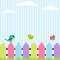 Background with bird and flying butterflies