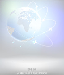 Light Earth globe background with plane's fly pathes