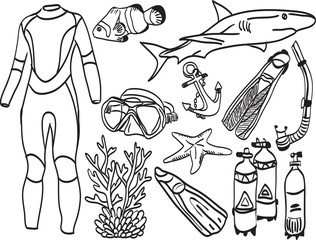 Obraz premium Diving equipment and sea life