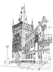 Prague - Powder Tower & Municipal House. Vector architectural dr