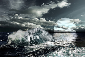 A wavy ocean surface under cloud sky and big white moon.