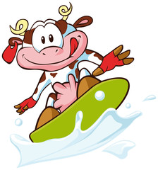 Naklejka premium cow surfing on a milk wave