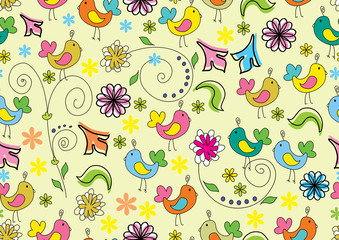 Seamless floral color background with cute cartoon birds