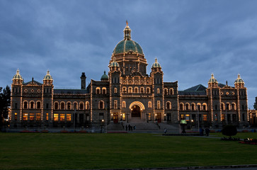 Night falls over the illuminated Provincial House (Parliament) o