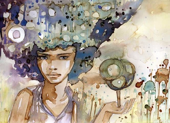 Crédence de cuisine en verre imprimé Inspiration picturale Une femme avec un arbre miniature dans ses bras