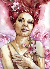Crédence de cuisine en verre imprimé Inspiration picturale Belle femme entourée de fleurs de pommier rose.