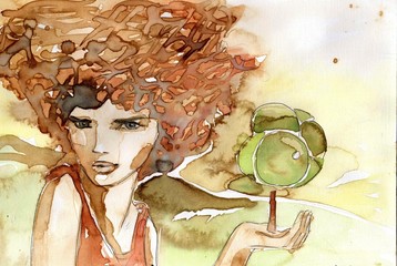 Kobieta z miniaturowym drzewem na ręku - obrazy, fototapety, plakaty