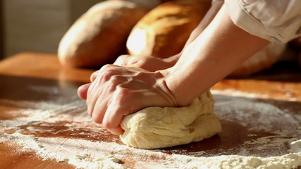 Baker hands kneading dough in flour on table, slow motion - Powered by Adobe