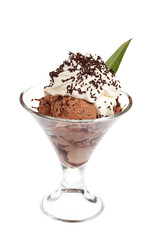 Schokoladeneisbecher mit Sahne und Grünzeug