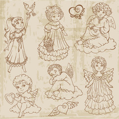 Vintage Angels, Dolls, Babys - hand drawn in vector