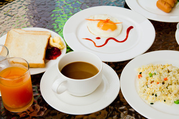 Breakfast - fried rice,soup,toast,egg