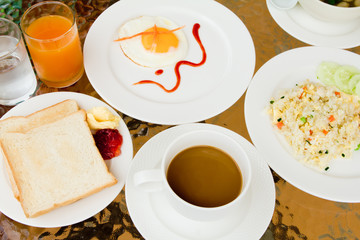 Breakfast - fried rice,soup,toast,egg