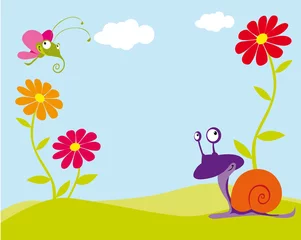 Stoff pro Meter Blumenhintergrund mit Schmetterling und Schnecke © hanaschwarz