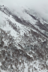 Parete di montagna con neve e nebbia.