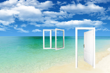 Beautiful remote beach with white doors and window