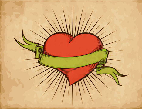 Heart with ribbon in tattoo style on old paper. Vector eps10