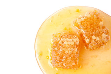 Fresh honey and yellow honeycomb slices, white background