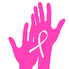 Hands holding breast cancer ribbon, vector illustration.