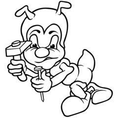 Obraz premium Ant and Hammer - Black and White Cartoon Illustration