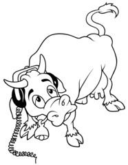 Cow with Headphones - Black and White Cartoon Illustration