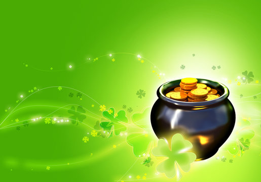 St. Patrick's day background with gold coins earthenware