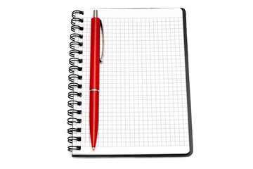 Notepad with ball pen on a white background