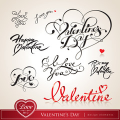 Set of Valentine's calligraphic headlines with hearts. Vector
