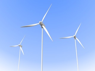 Modern white wind turbines or wind energy mills