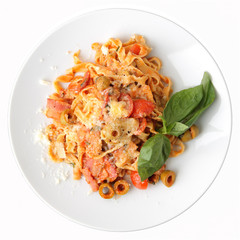 Fettuccine with tomato, olives and bacon