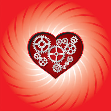 Clockwork heart-shaped sprockets with red twirled rays
