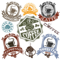 Set of rubber stamps with the name of coffee drinks and cups